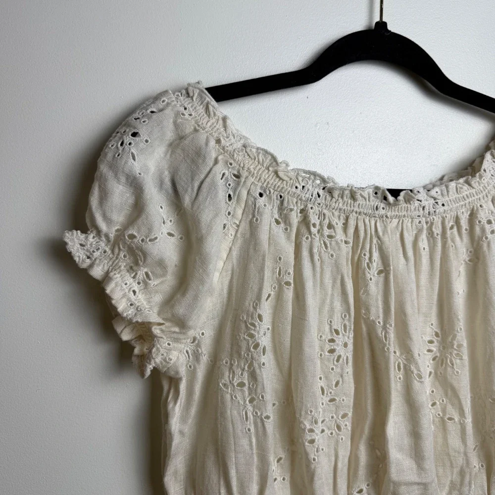 Free People Cream Eyelet Embroidery Peasant Blouse Cottagecore Puff Sleeve Top M